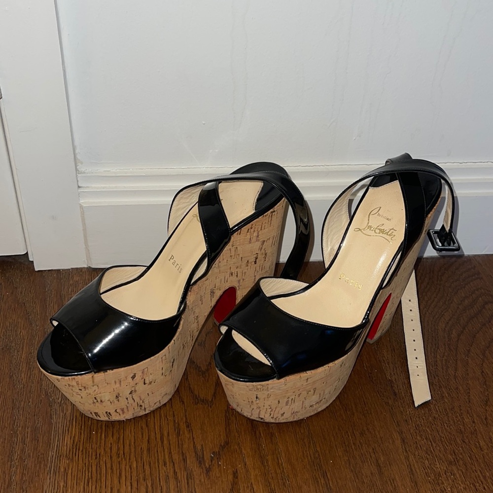 Christian Louboutin Black Patent Leather Cork Platform Ankle Strap